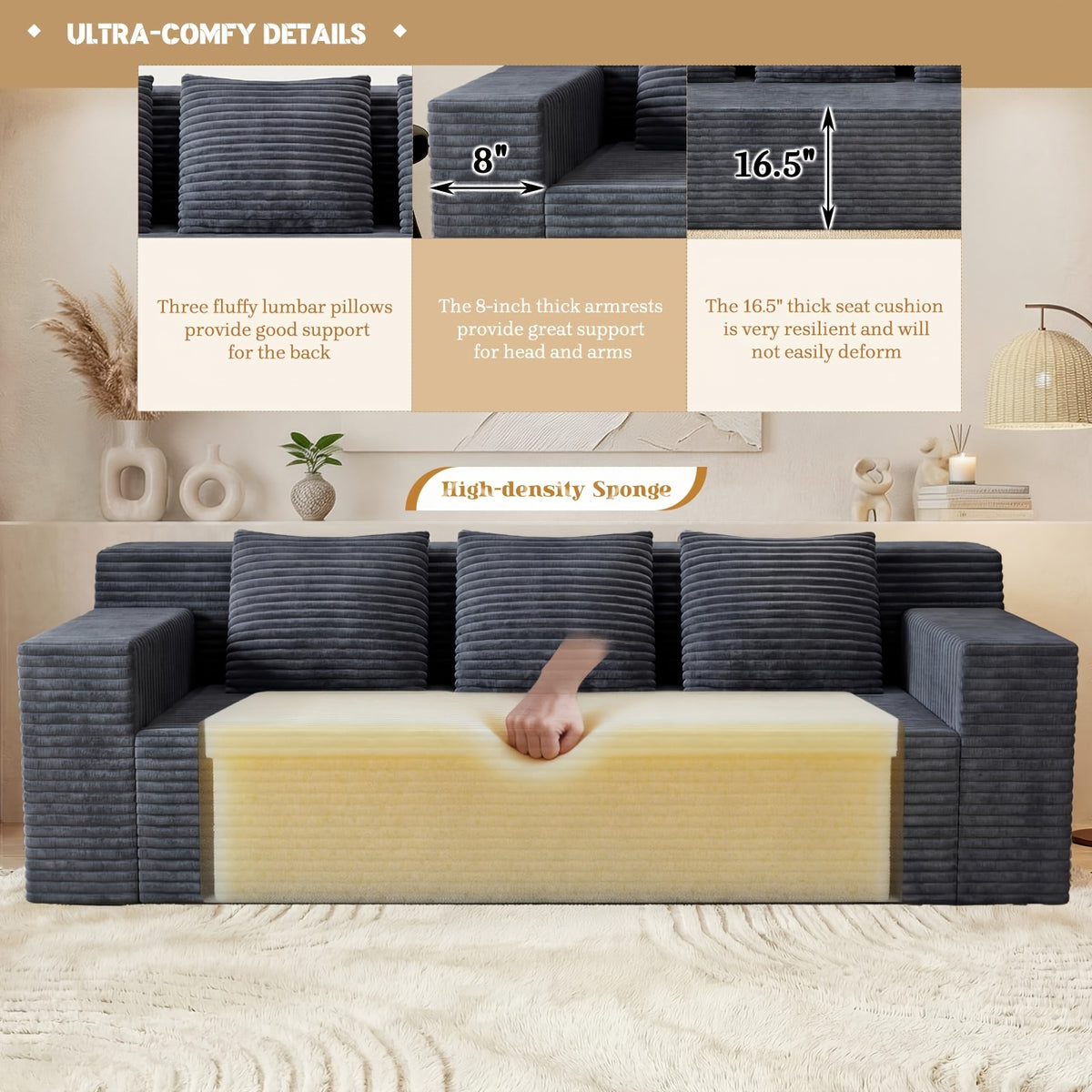 43.3-80.7" Corduroy Living Room Sofa, 3 Setaser Deep Seat Couch With 3 Lumbar Pillows, Comfy Boneless Sofa Modern Compressed Couch For Bedroom, Office, Apartment