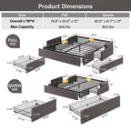 HOOMIC Full/Queen Size Platform Bed Frame with 3 Storage Drawers, Linen Fabric/Faux Leather Upholstered, Headboard Compatible, Wooden Slat Support, No Box Spring Needed, Noise Free, Dark Grey/Black