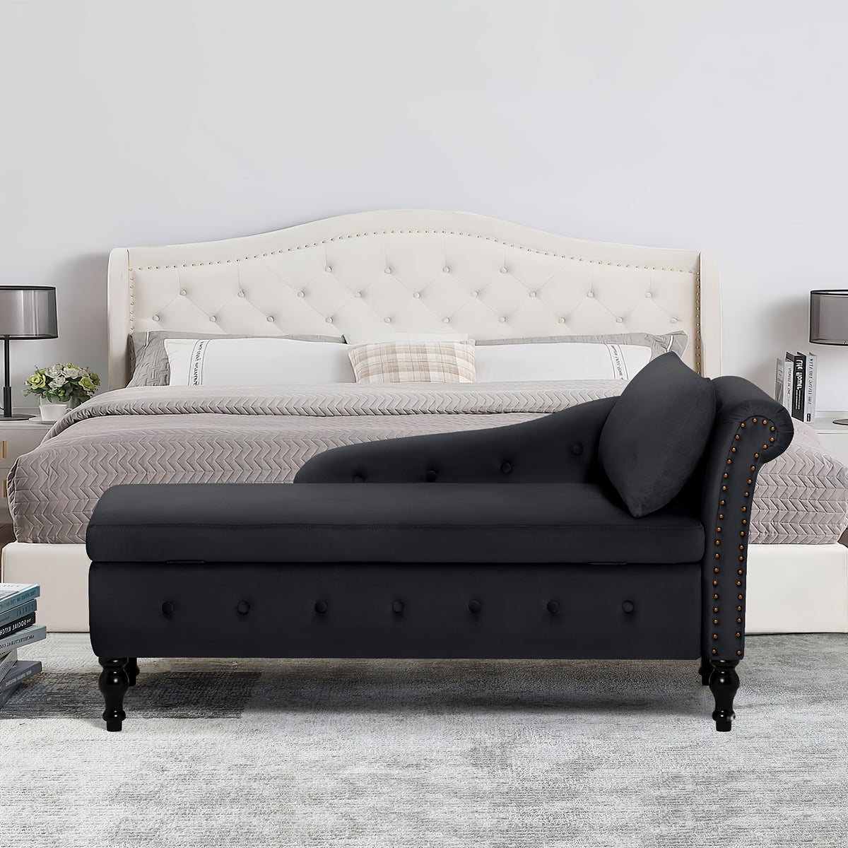 ACMEASE 57" Velvet Upholstered Storage Chaise Lounge With Pillow, Nailhead Trim Chaise Sofa For Living Room