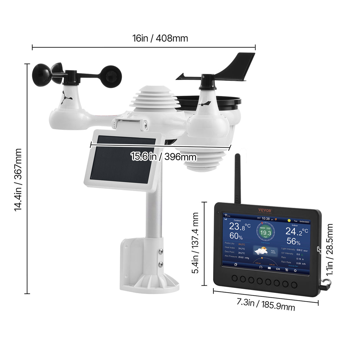 VEVOR 7-in-1 Wi-Fi Solar Self-Charging Weather Station with 7" TFT Color Display, Solar-Powered Sensor, Monitoring for Temperature, Humidity, Wind Speed/Direction and Rainfall