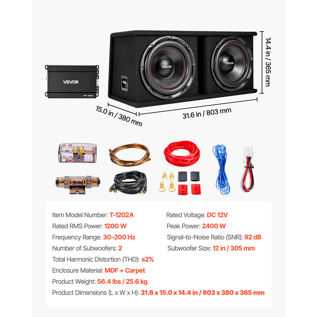 VEVOR Subwoofer Bass Package, 12 in, 1200W RMS, Dual Car Audio Subwoofer and Amp Package, with Loaded Enclosure, Separate Amplifier, and Wiring Kit, for Various Vehicles Trunks, Car Audio Systems