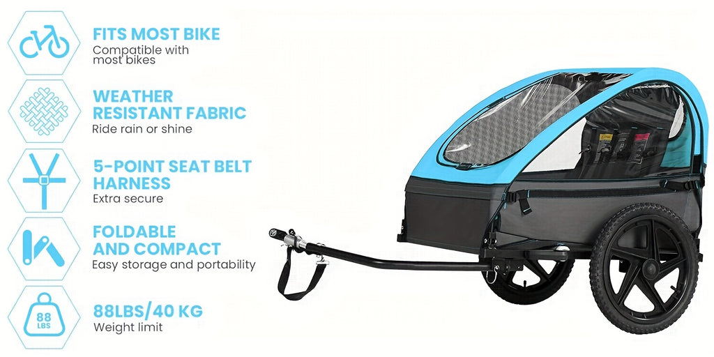 Bicycle Trailer, Double Seat Trailer, Large Tires, Foldable for 1 to 2 People, Maximum Load Capacity 88.18LB