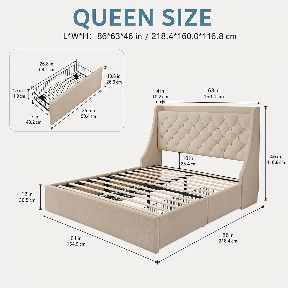Bed Frame with Charging Station, Linen Fabric Storage Headboard, Storage Drawers on Both Sides, Solid Wood Slats Support
