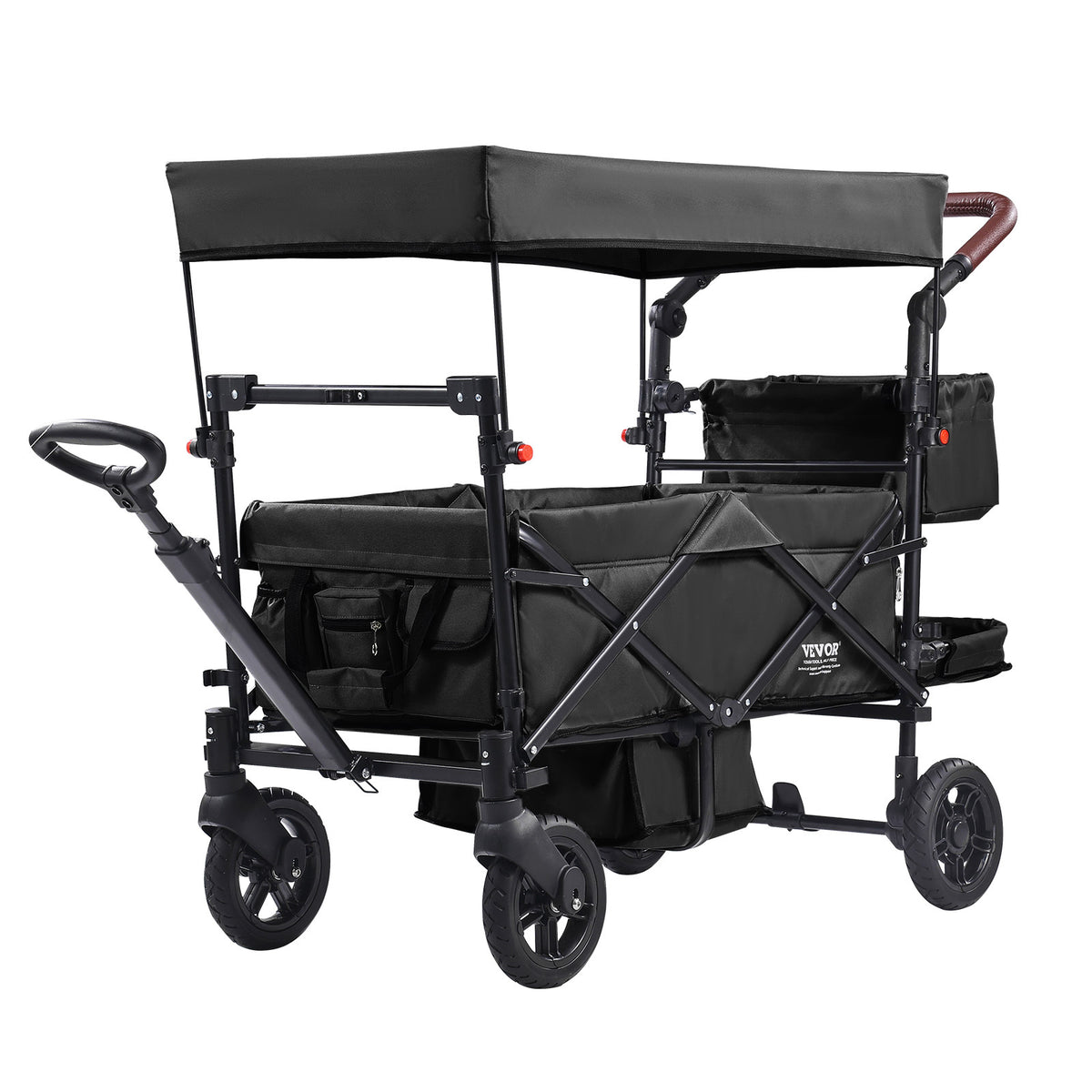 VEVOR Wagon Stroller for 2 Kids, Push Pull Quad Collapsible Stroller with Adjustable Handle, Encircling Harness Removable Canopy, 4 Wheels with Brakes, Mutifunction Tandem Stroller for Camping Black