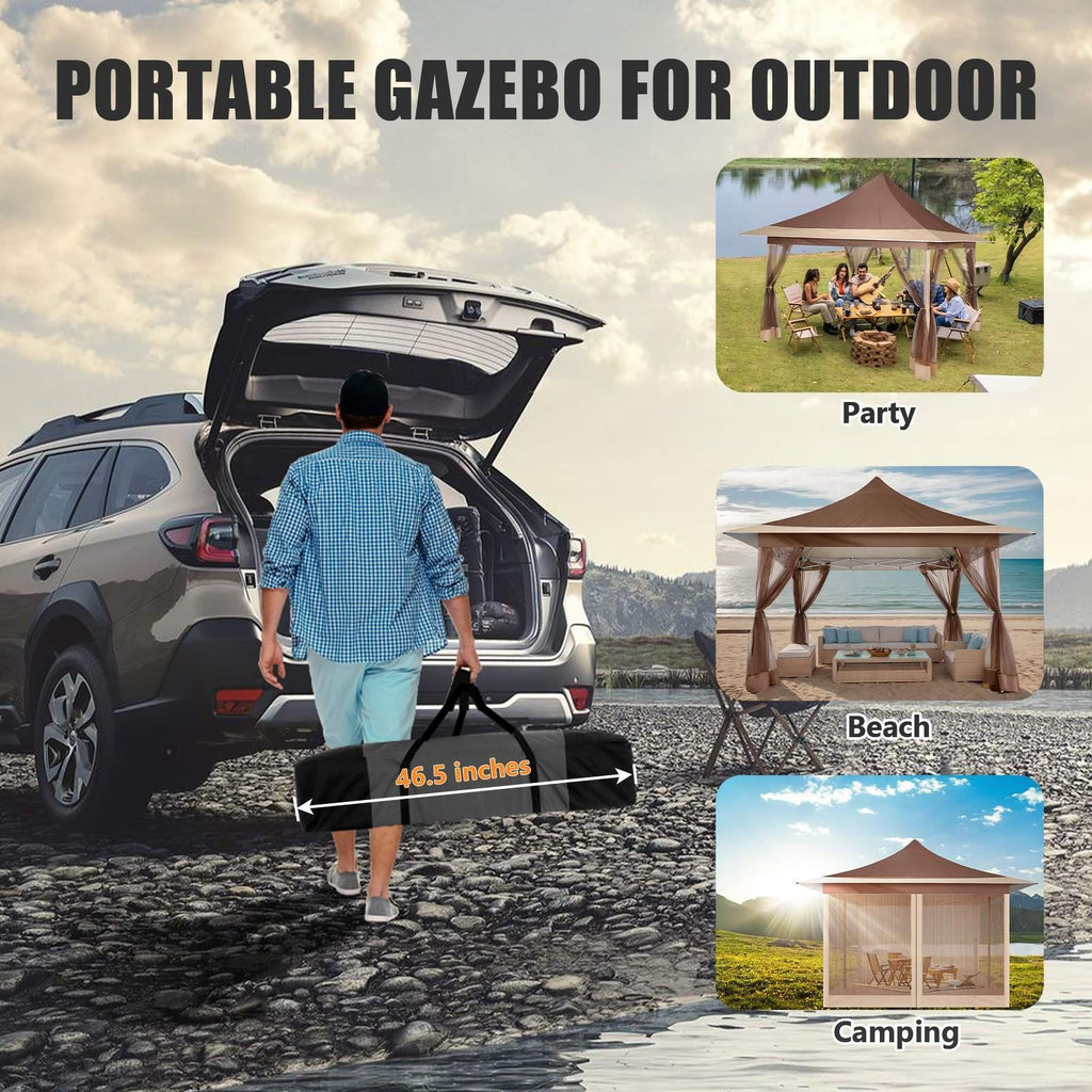 12x12ft Foldable Pop-up Tent, Home Decoration Party Canopy Gazebo with Mosquito Net, Including Carrying Bag and Sandbag, UV and Insect Repellent, Easy to Install, Perfect for Camping, Beach, Party, Yard, Villa, Lawn and Other Outdoor Events