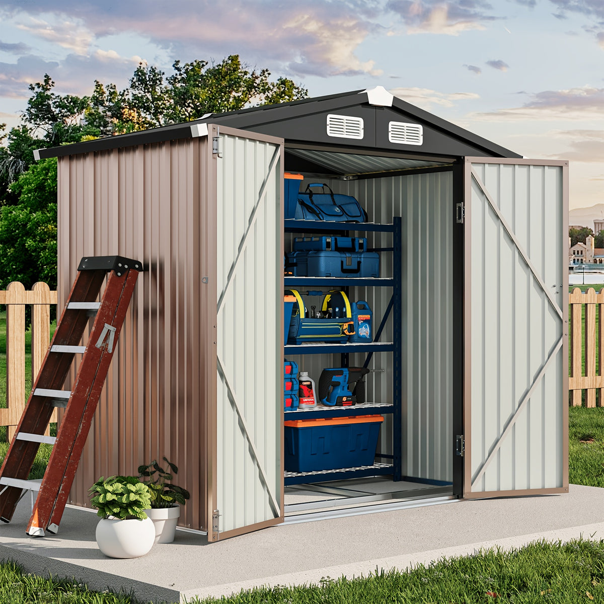 6X4/8X6/10X8/10X12Ft Gable Roof Metal Storage Shed, Heavy Duty Outdoor Garden Shed with Lockable Doors And Vents, Weather-Resistant Utility Shed for Backyard Tools, Brown/Black