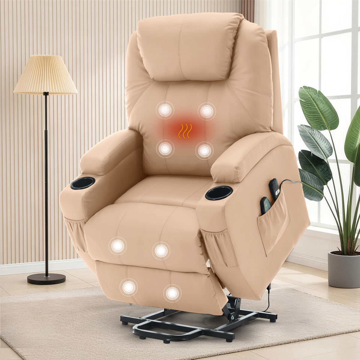 Living Room Massage Chair, Recliner With Heating Function, Adult Electric Lift Chair, Storage Side Pockets And Cup Holders, Medium-sized Leisure Chair, Comfortable PU Leather Material, Orange And Blue Are Technical Fabric