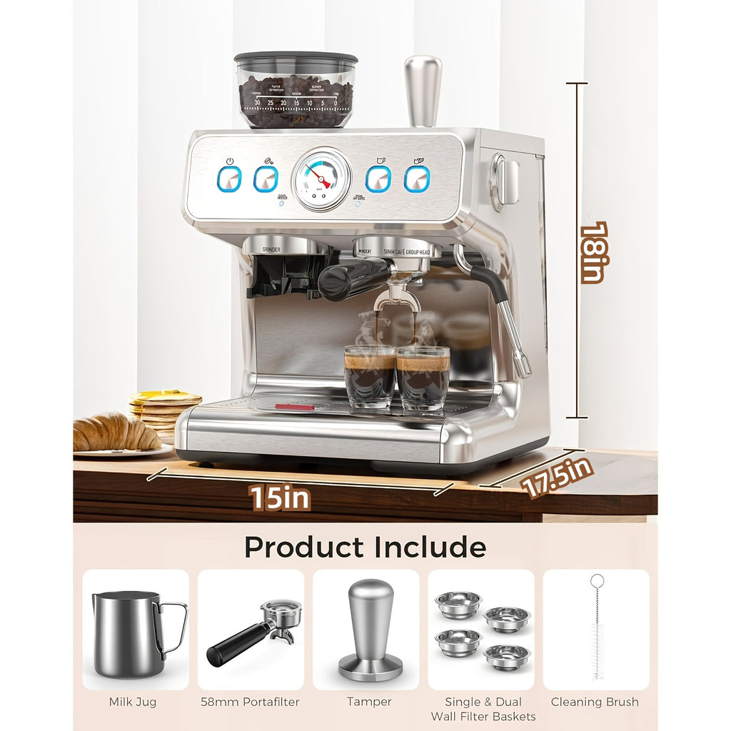 20 Bar Espresso Machine with Built-In Grinder, Professional Cappuccino And Latte Machines with Milk Frother, 3-In-1 Stainless Steel Espresso Coffee Maker for Home, Office, Or Cafe