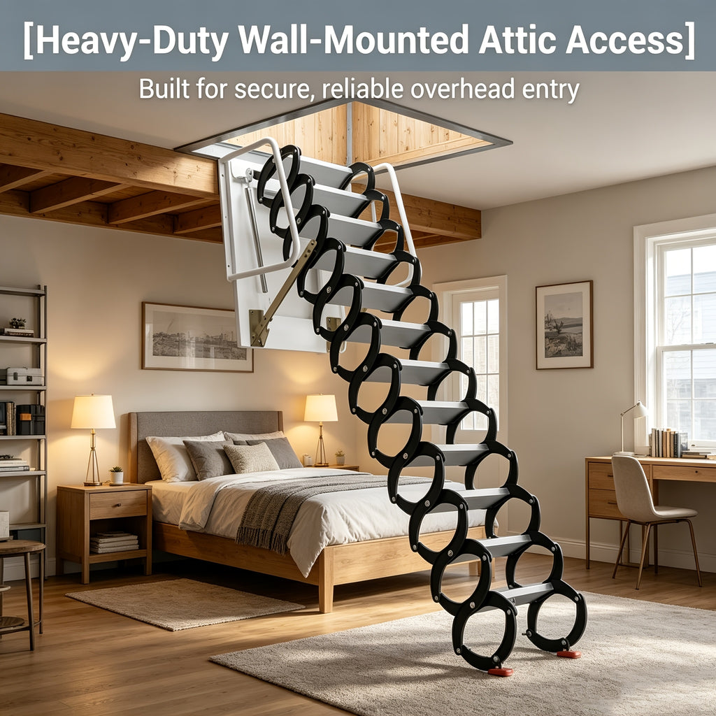 10ft Wall-Mounted Space Saving Attic Stairs, Black & White Titanium-Magnesium Alloy Construction, Supports Up to 880 Lbs, Ideal for Attics, Garages, Basements, Warehouses & Retail Stores