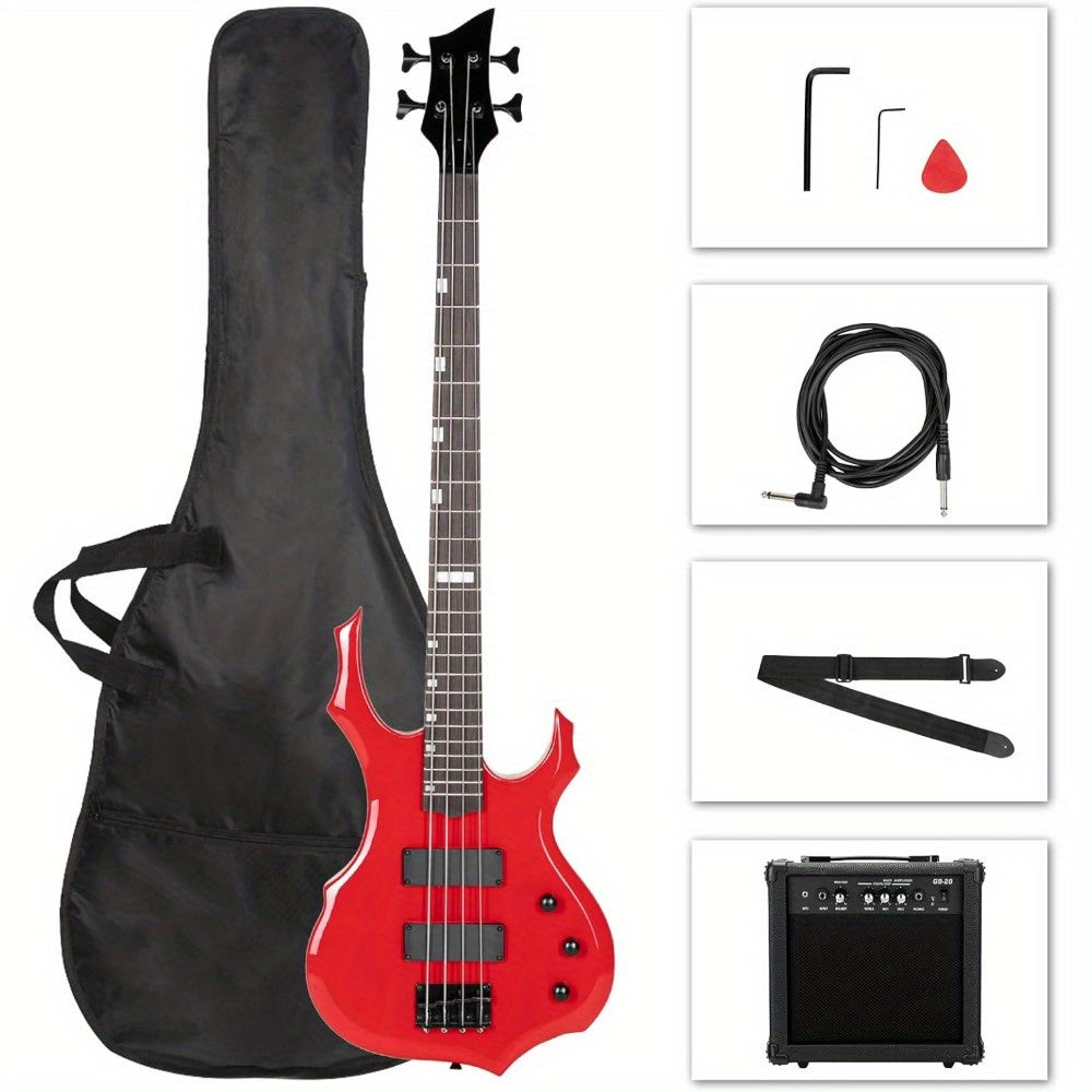 4-String Electric Bass Guitar Set, Flame Design and 20-Watt Amplifier for Beginners and Musicians