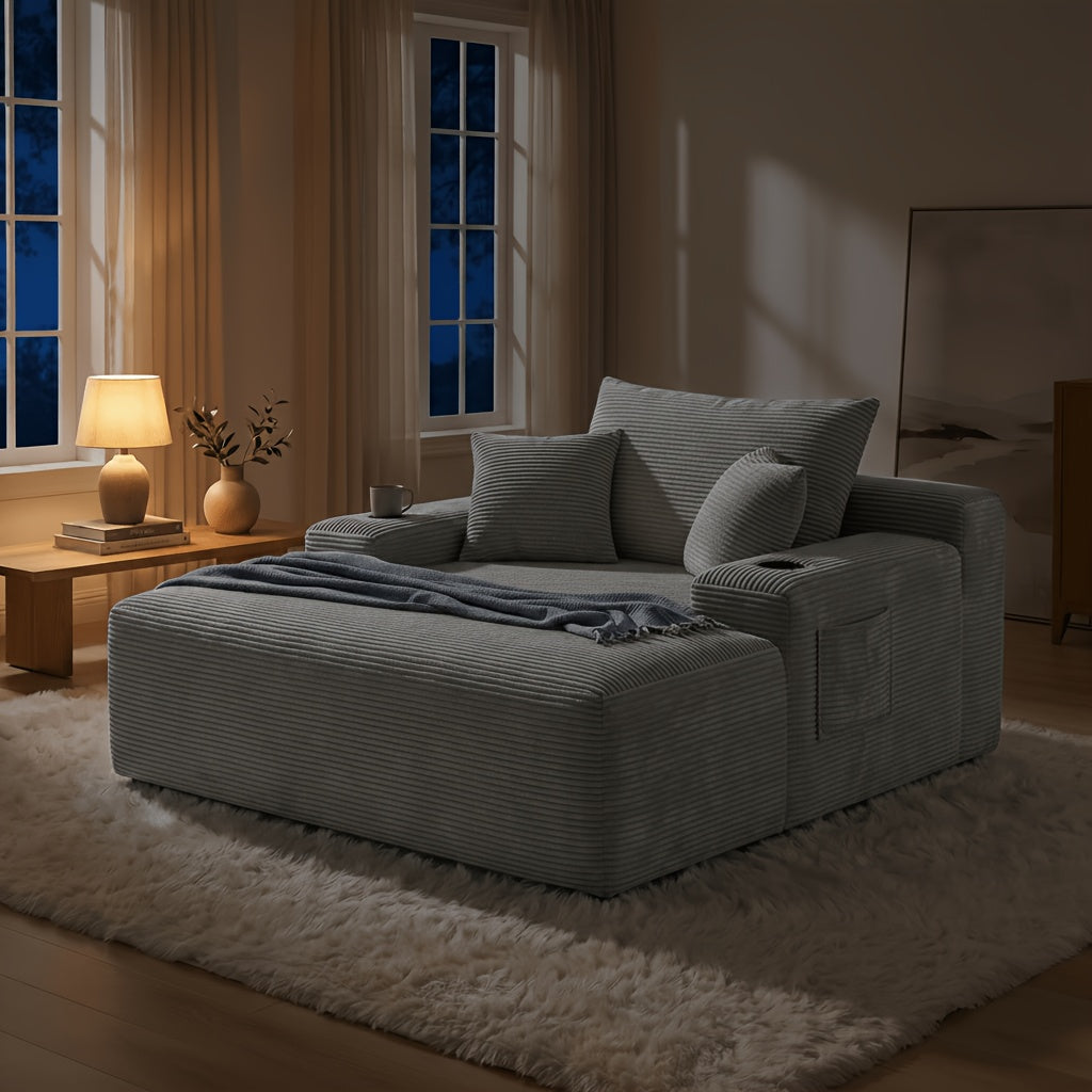 Extra-Large Boneless Sofa Chaise Lounge, with Cup Holder And Side Pockets, Living Room Sofa Chair Bed, Compressible High-Rebound Foldable Recliner, Supportive Pocket Spring System And High-Density Foam Padding, Non-Sinking Convertible Lounge Bed