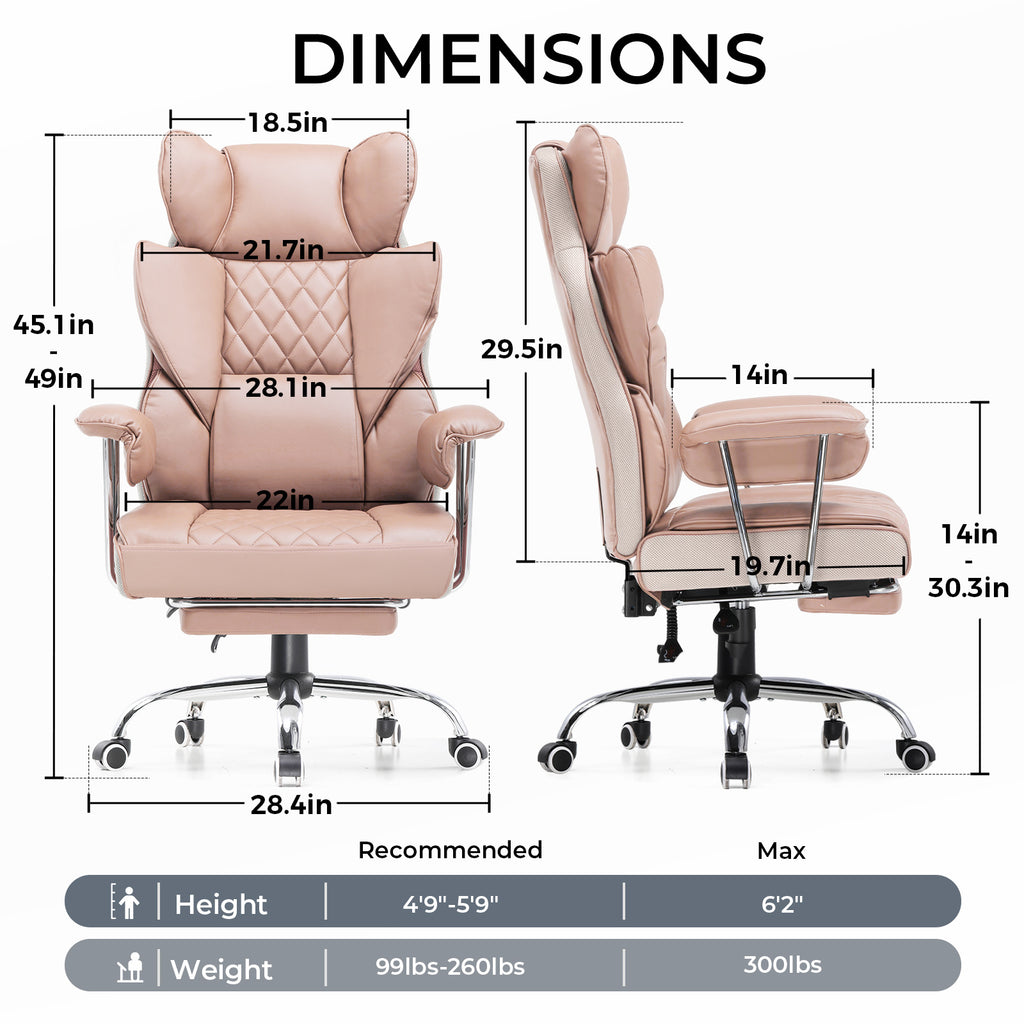 Executive Office Chair for Heavy People, Gaming Chair, Ergonomic Wide Desk Computer Chair with Pocket Spring Lumbar Support, Footrest, Outward Fixed Soft Armrests, High Back PU Leather, Height Adjustable, Big and Tall