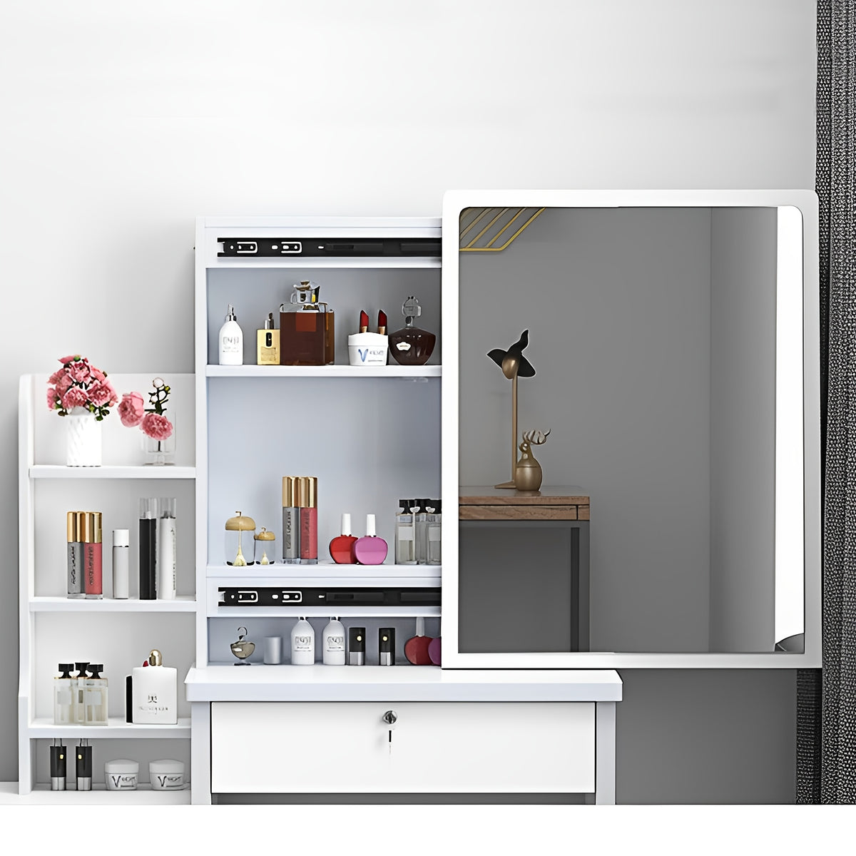 Vanity Desk with Sliding Lighted Mirror, Small Dressing Table Set with 3 Color Adjustable Lights Makeup Mirror Desk with 4 Drawers Shelves Girls Vanity Set with Stool for Bedroom Gifts