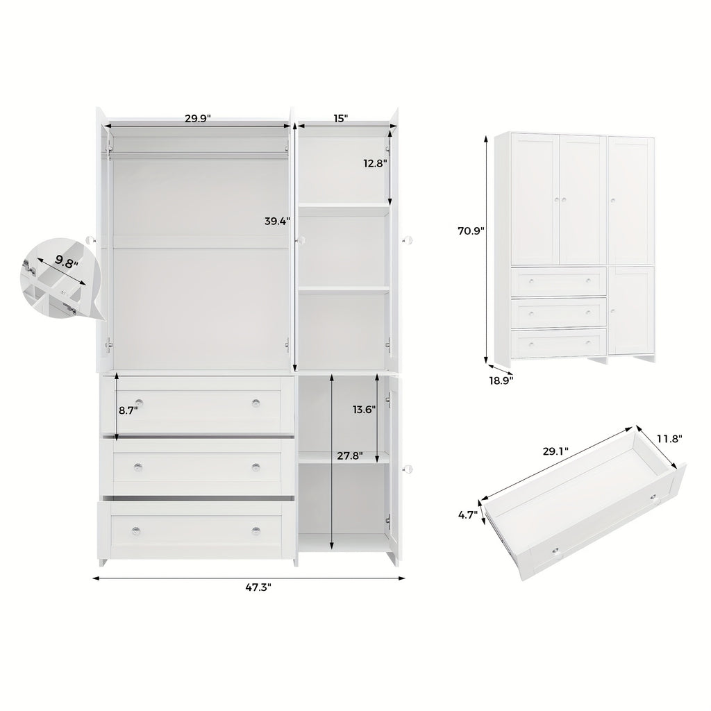 31.5"/47"/63" Large Wardrobe Armoire Closet with Hanging Rod, Mirror And Doors, Drawers & Shelves, for Bedroom