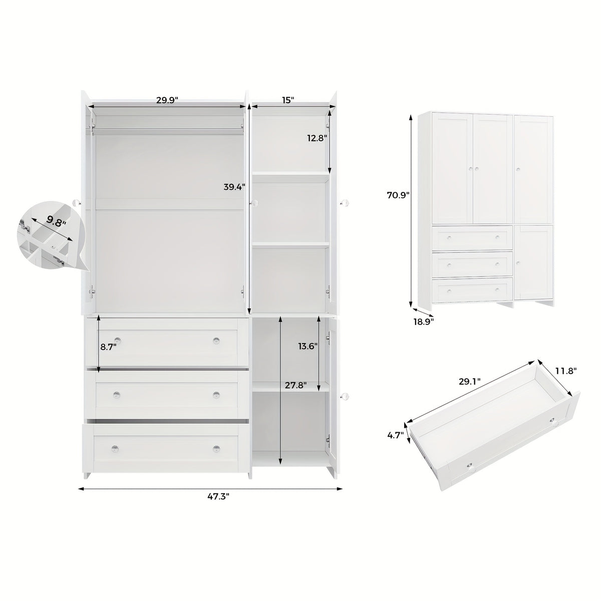 31.5"/47"/63" Large Wardrobe Armoire Closet with Hanging Rod, Mirror And Doors, Drawers & Shelves, for Bedroom