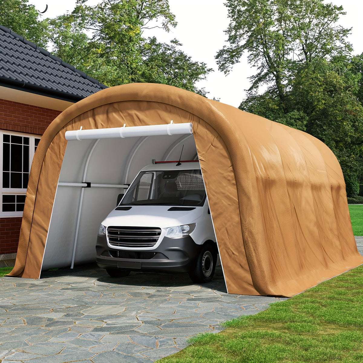 Outdoor Carport, Garage, Outdoor Storage, Courtyard Round Portable Garage, Outdoor 13 X 20ft Or 10 X 20ft Heavy Duty Carport, Tensioner And 2 Roll Up Doors Waterproof PE Fabric Car Port, Garage, Storage Shed, Tent for Storage, SUV, Brown/Grey