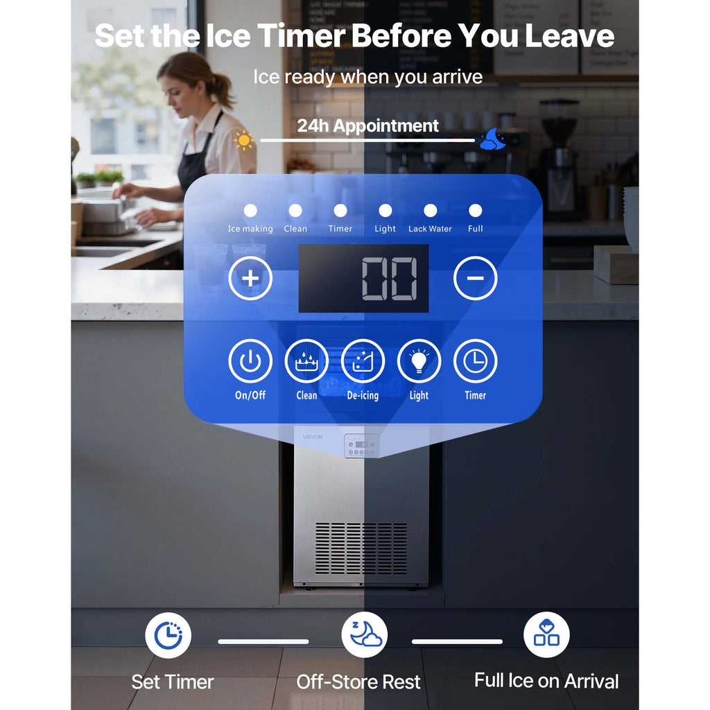 VEVOR Commercial Ice Maker Machine, 100 lbs/24h with 30 lbs Storage Capacity, Built-in/Freestanding/Under Counter, Stainless Steel Ice Maker with LED Display & Self-Cleaning, for Home Bar Restaurant