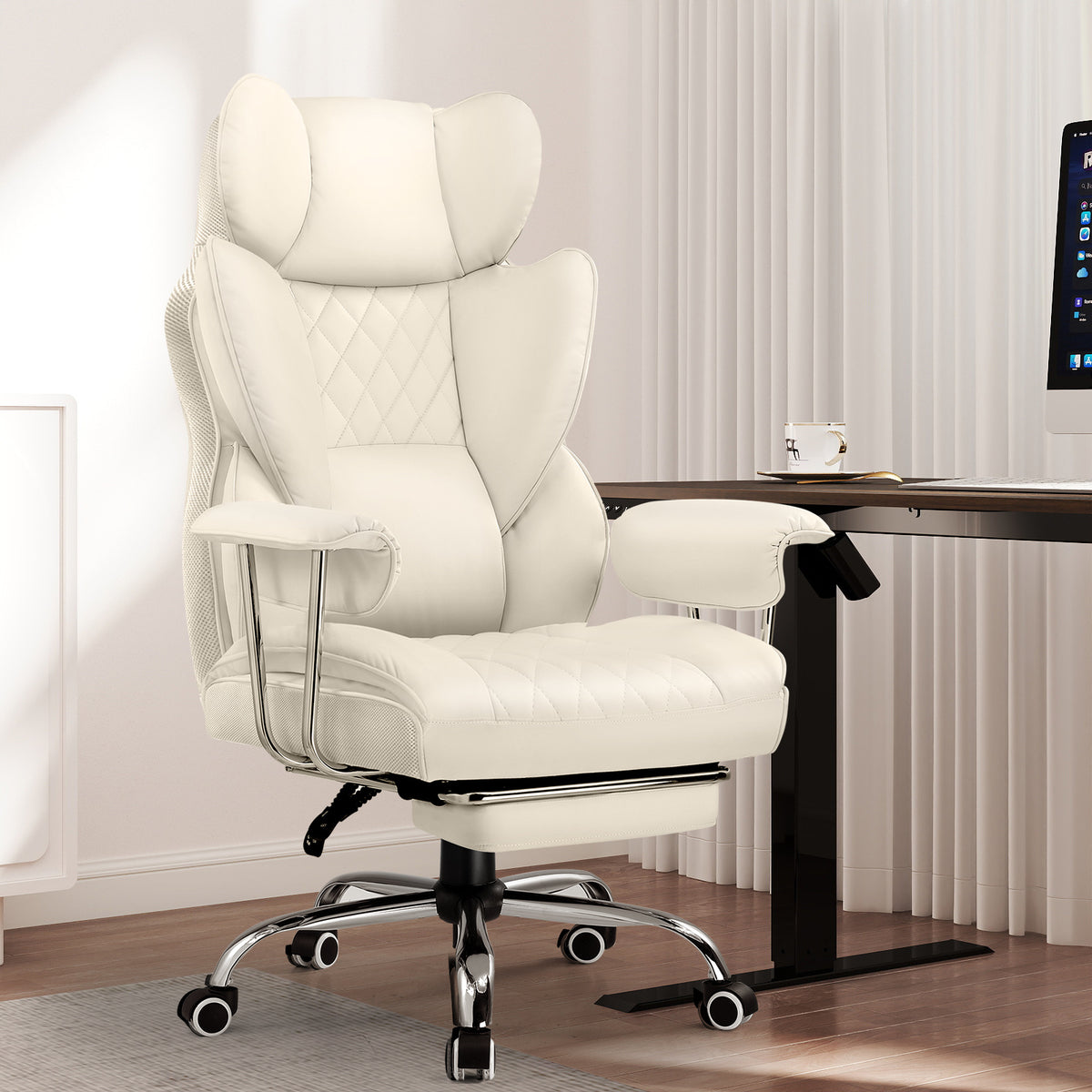 Executive Office Chair for Heavy People, Gaming Chair, Ergonomic Wide Desk Computer Chair with Pocket Spring Lumbar Support, Footrest, Outward Fixed Soft Armrests, High Back PU Leather, Height Adjustable, Big and Tall