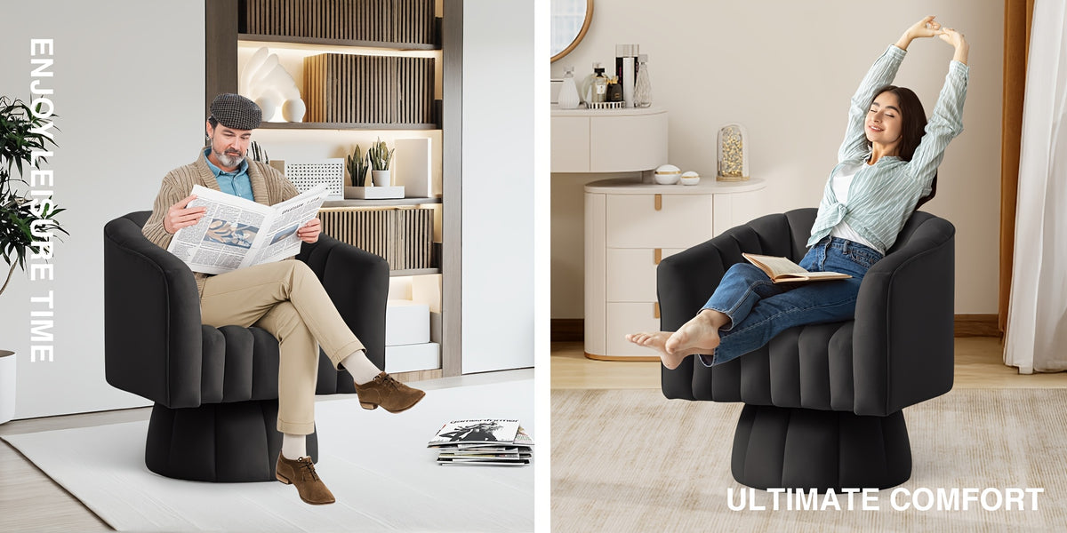 Rotating Decorative Chair, 360° Swivel Barrel Chair, Mid-century Modern Chair, Wide Soft Cushion, Modern Velvet Fabric, Round Armchair, Suitable For Living Room, Lounge, Bedroom, Black, Free Shipping