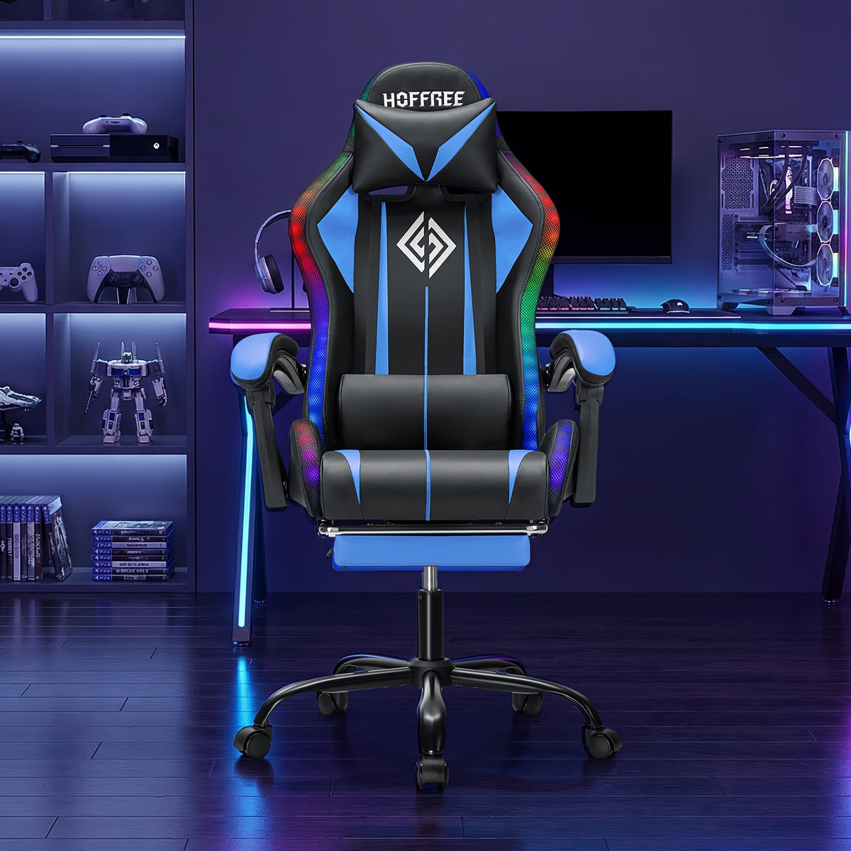 RGB Gaming Chair with LED Lights And Massage Ergonomic Computer Chair High Back Video Game Chair with Footrest And Adjustable Lumbar Support Linkage Armrest