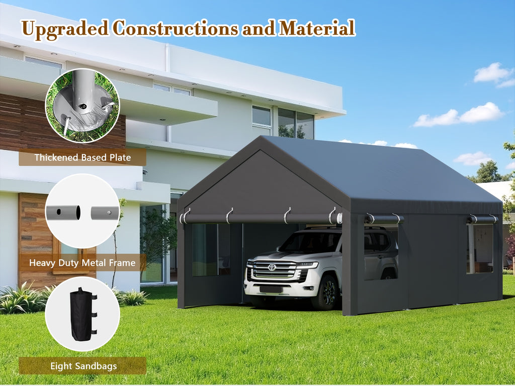 JAMFLY Sturdy Carport Featuring Roll-Up Ventilated Windows, Outdoor Canopy, Portable Garage Gazebo Equipped with Detachable Sidewalls & Doors for Vehicles, Truck, Boat, All-Season Tarp Car Canopy