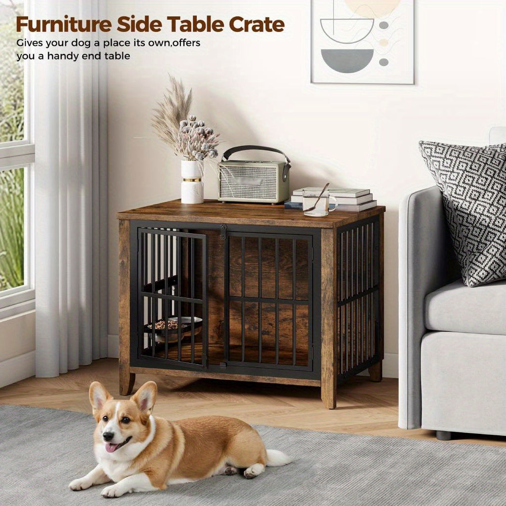 75/36/30in Furniture-Style Dog Crate with 360° Rotating Bowls, Adjustable Height, Safe Lock, Easy to Clean, Available In Gray/Brown, M, L, XL Sizes for One Or Two Dogs, Ideal for Home, Living Room Or Bedroom