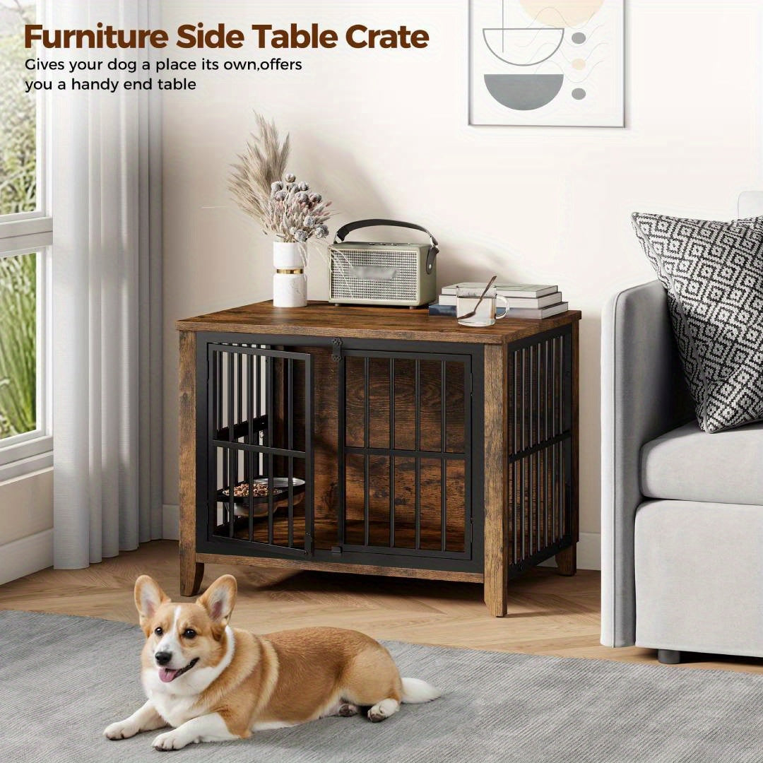 75/36/30in Furniture-Style Dog Crate with 360° Rotating Bowls, Adjustable Height, Safe Lock, Easy to Clean, Available In Gray/Brown, M, L, XL Sizes for One Or Two Dogs, Ideal for Home, Living Room Or Bedroom
