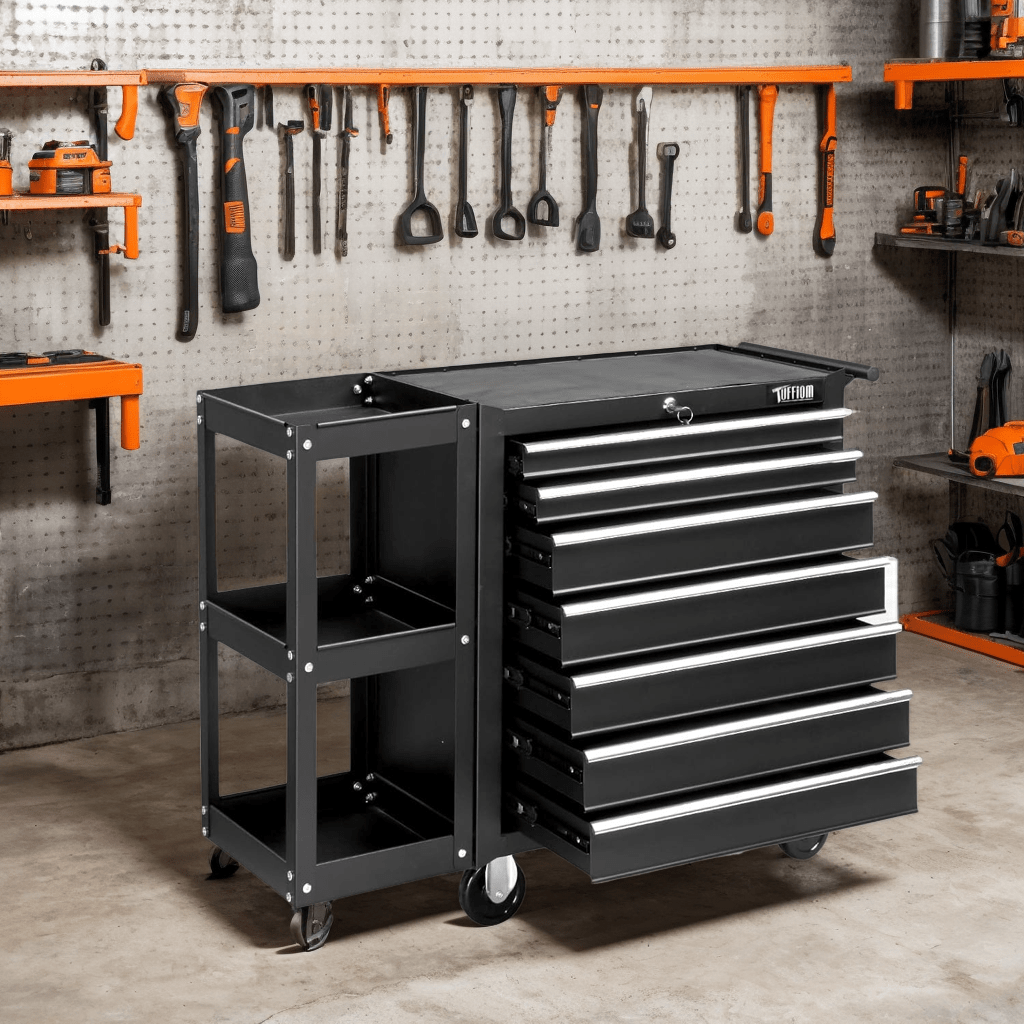 7-Drawer Rolling Tool Chest with Side Shelves, Tool Storage Side Cabinet w/ Lockable Wheels, Top Cushion & Drawer Liners, Tool Organizer Box for Garage, Warehouse & Repair Shop