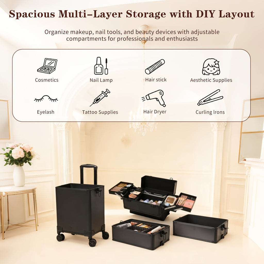 4 in 1 Professional Rolling for makeup Train Case | Extra Large Black Aluminum Cosmetic Trolley with Detachable Modular Design and 360° Swivel Wheels for Makeup, Nail, and Tattoo Artists | Ideal Christmas Gift for Hairdressers/Beauticians