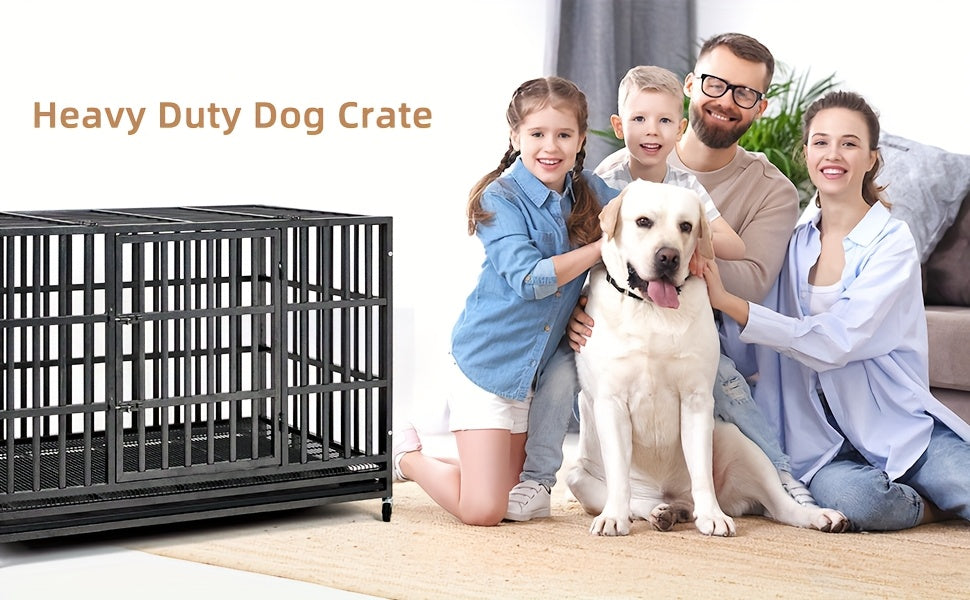 48inch Extra Large XXL Heavy-Duty Dog Crate - Double Door, Escape-Proof, Wheels, Removable Tray - Easy Cleaning Design For Large Breeds