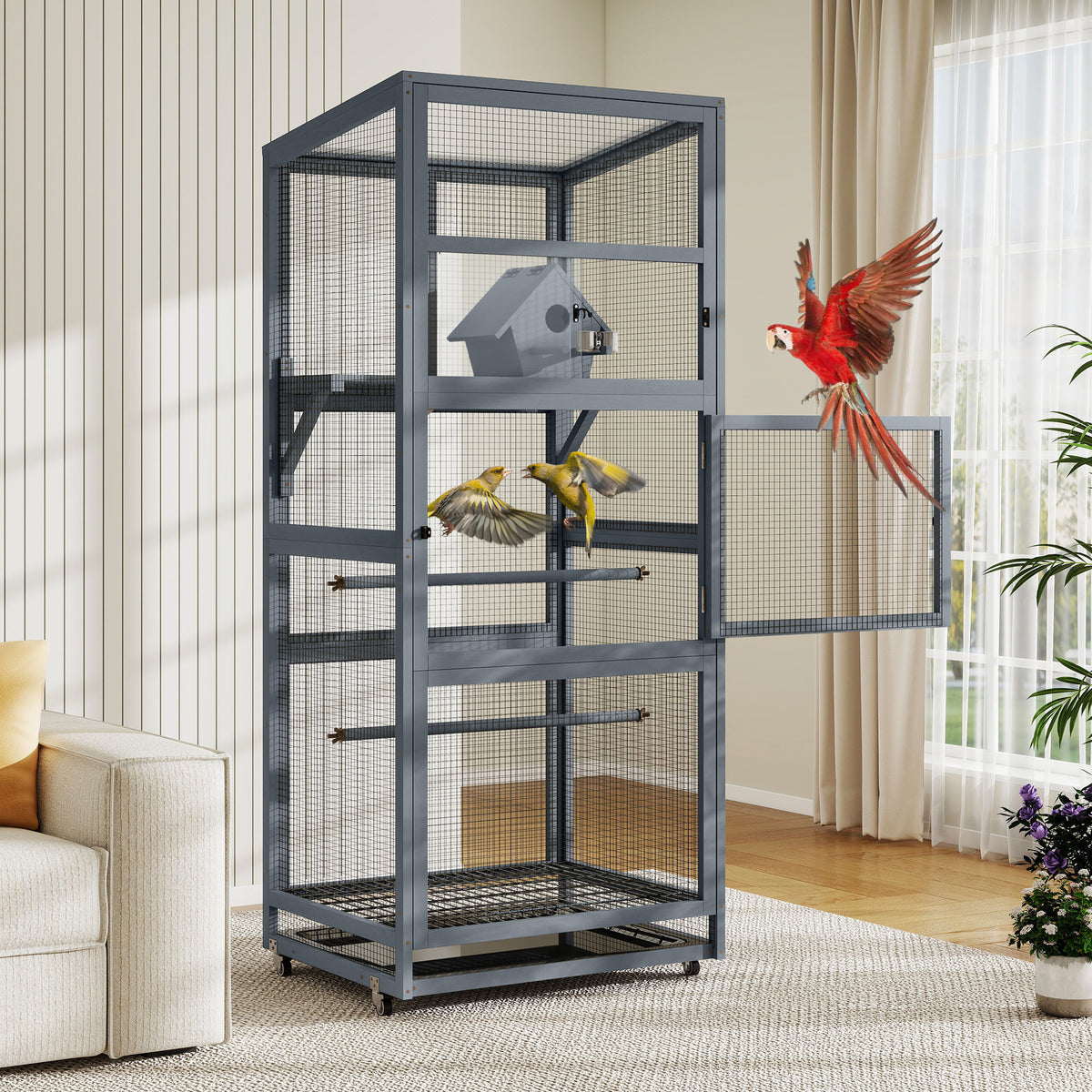 68.3''Enclosure Wood Tilted Flat Top Floor Bird Cage Equipped with Stand and Wheels