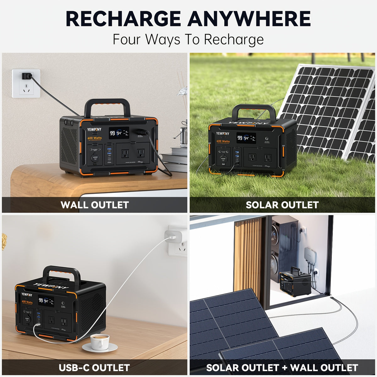 [Portable, Fast Charging] 300W/600W YEWPINY Portable Power Station, Featuring Fast Charging, 259Wh/599.4Wh Lithium-Ion Battery Solar Generator, 17,500mAh/27,000mAh High-Capacity Lithium-Ion Battery, Ideal for Home Use, Outdoor Trips, Camping, Hunting, and
