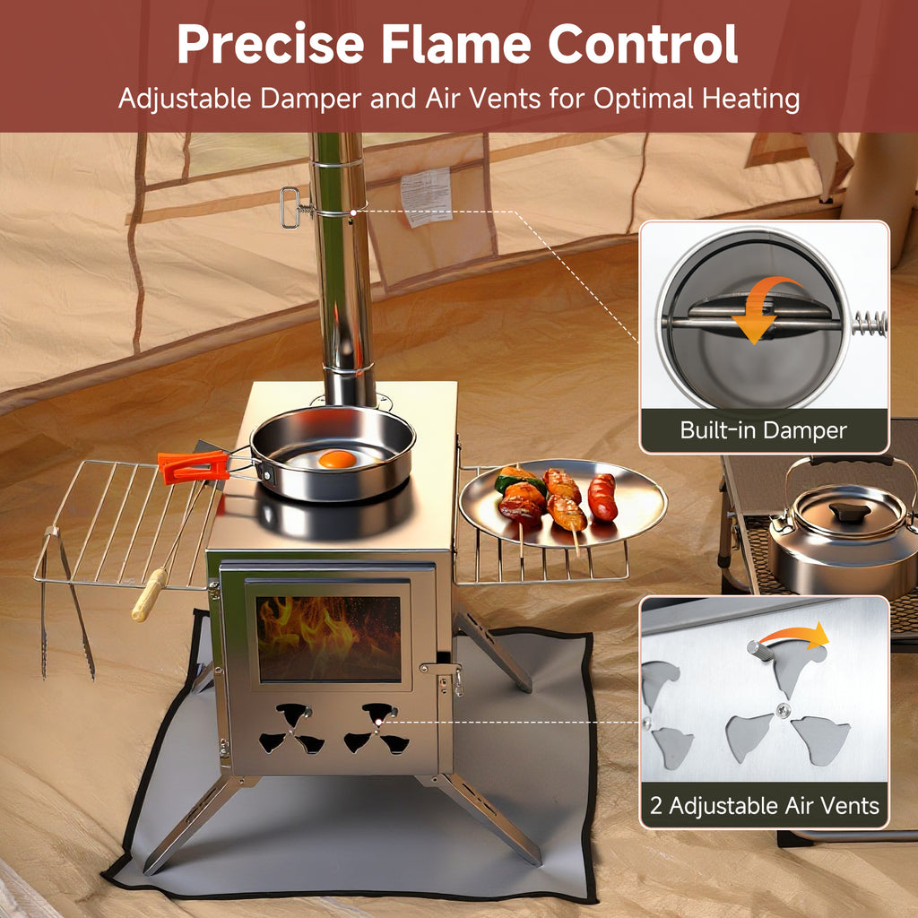 Hot Tent Stove, Camping Wood Stove for Tent, Portable Stainless Steel Wood Burning Stove with 7 Chimney Pipes for Wall Tent Camping, Cooking, Ice Fishing, Hunting, Boiling Water - Large