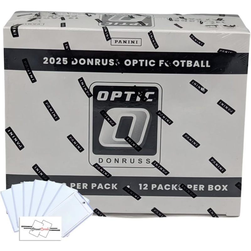 2025 Panini Donruss Optic Football Cello Box with 144 Total Trading Cards + 6 Toploaders + Magnetic Holder