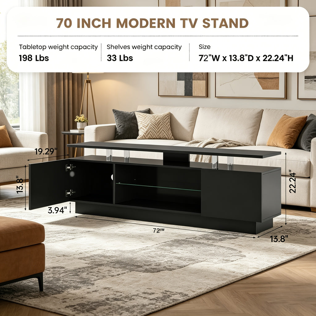 72"/82" High-Glossy TV Stand With 2 Side Cabinets, Modern Stylish TV Console With 3 Layer LED Lights, Gaming TV Media Console With Adjustable Glass Shelf, Black