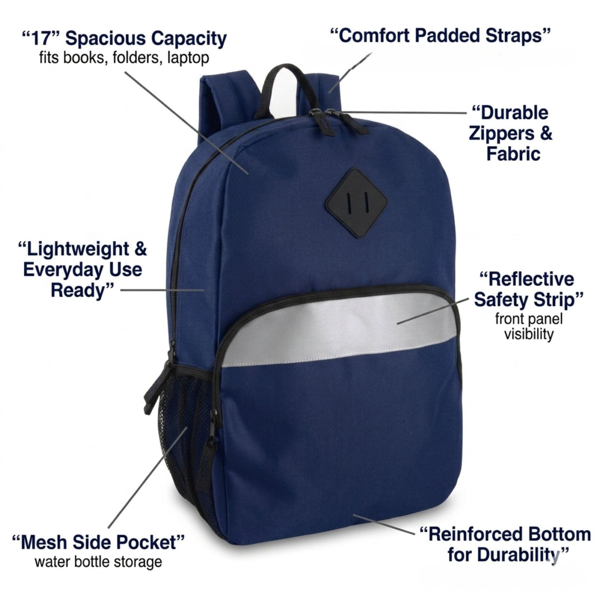 Trailmaker (24 Pack) 17" Backpack – Reflective School Backpack with Padded Straps, Water Bottle Pockets for Kids & Adults, School Travel Camp