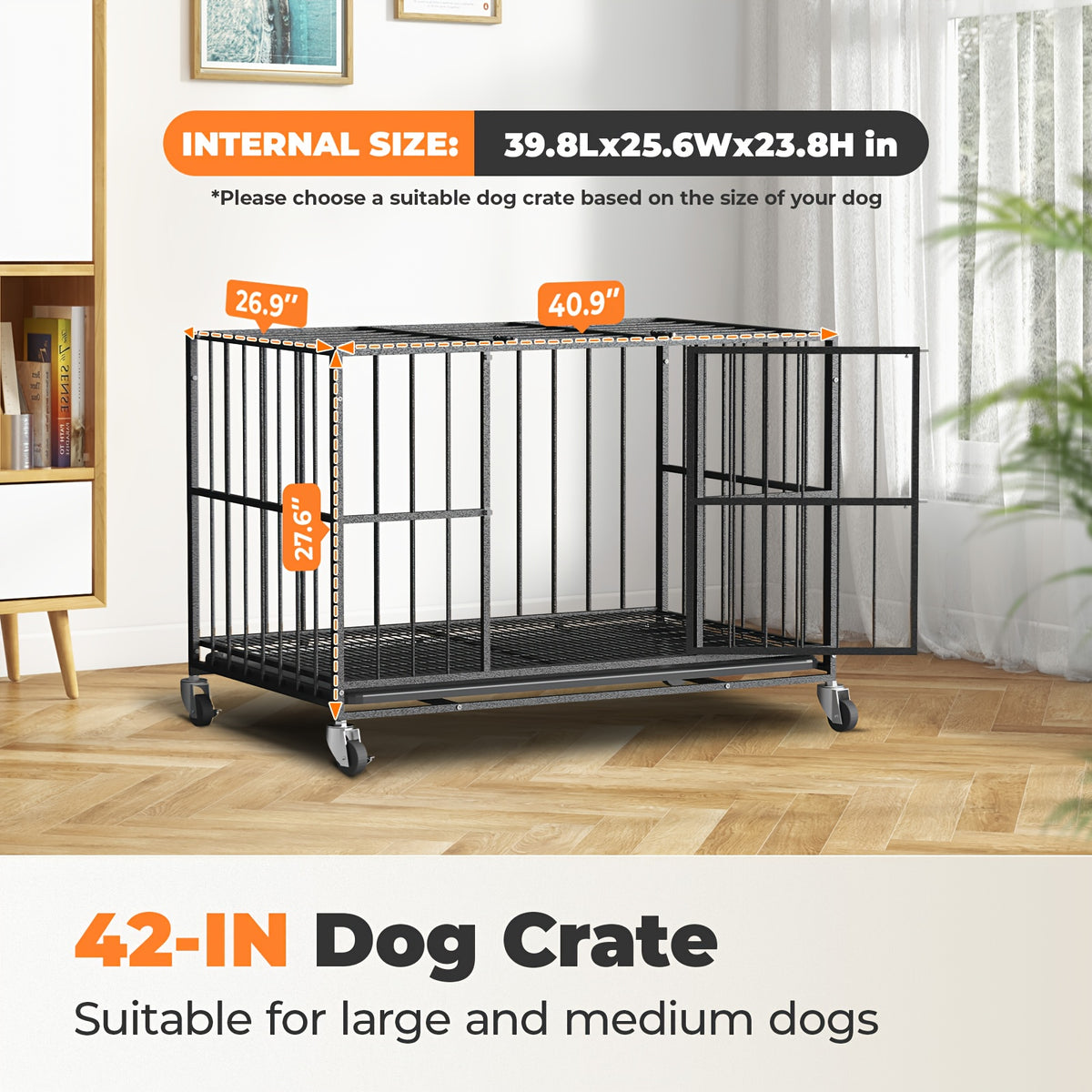 Large Indoor Dog Crate with Wheels, Removable Door Panel, Indoor Kennel, Easy to Clean, Removable Tray, Extra-large Dog Crate Suitable for Large And Medium-sized Dogs