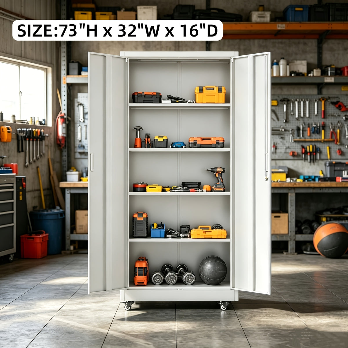 Metal Storage Cabinet with Wheels, Pegboards, Locking Doors And 4 Adjustable Shelves, 71"H/72"H/73"H Tool Cabinet for Garage, Home, Basement, Kitchen