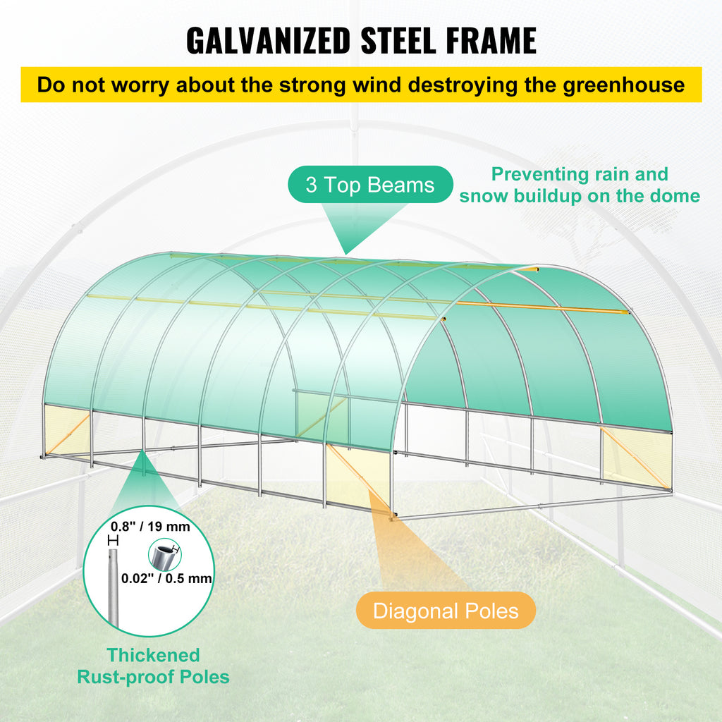 Walk-in Tunnel Greenhouse, 20 x 10 x 7 ft Portable Plant Hot House w/ Galvanized Steel Hoops, 3 Top Beams, Diagonal Poles, 2 Zippered Doors & 12 Roll-up Windows, White
