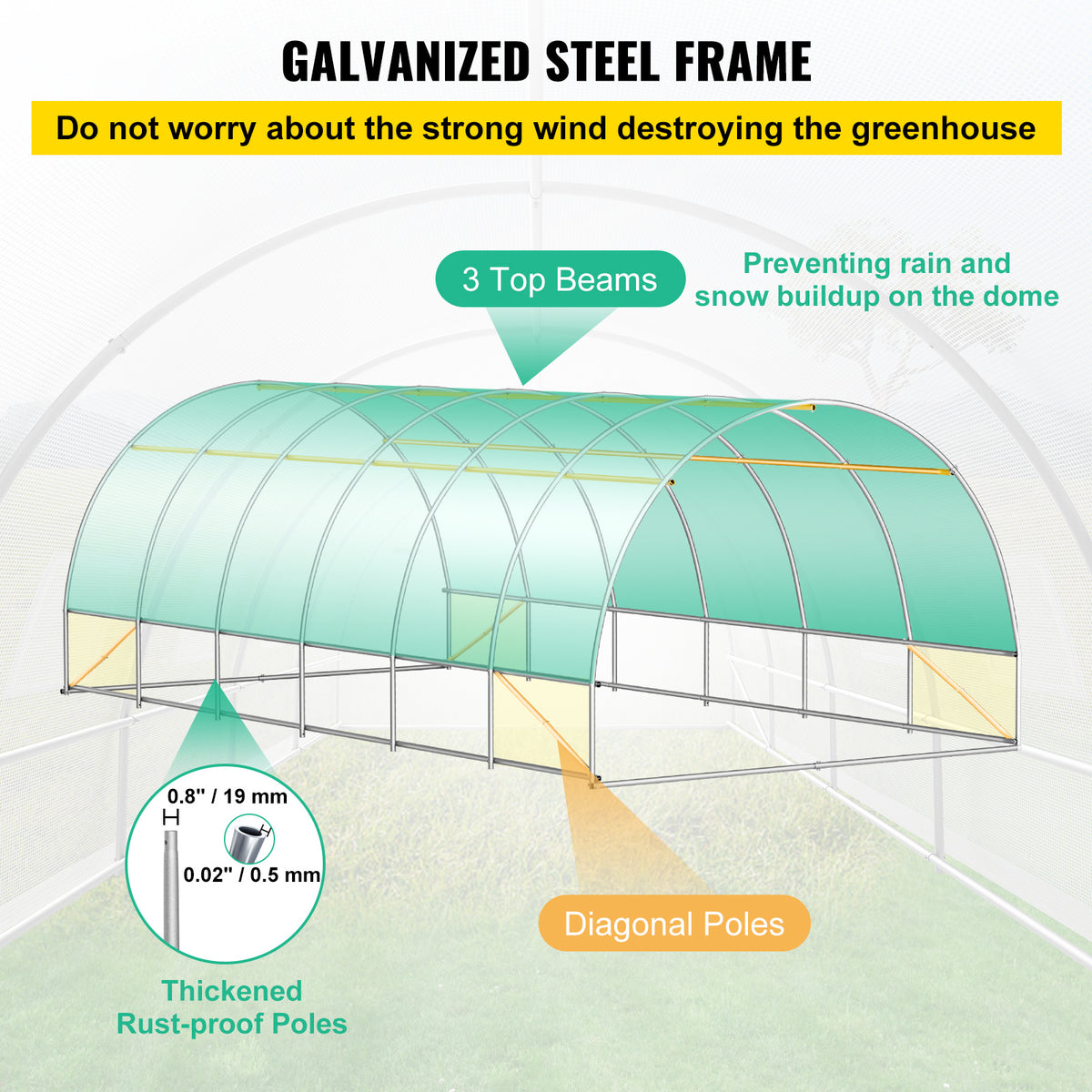 Walk-in Tunnel Greenhouse, 20 x 10 x 7 ft Portable Plant Hot House w/ Galvanized Steel Hoops, 3 Top Beams, Diagonal Poles, 2 Zippered Doors & 12 Roll-up Windows, White