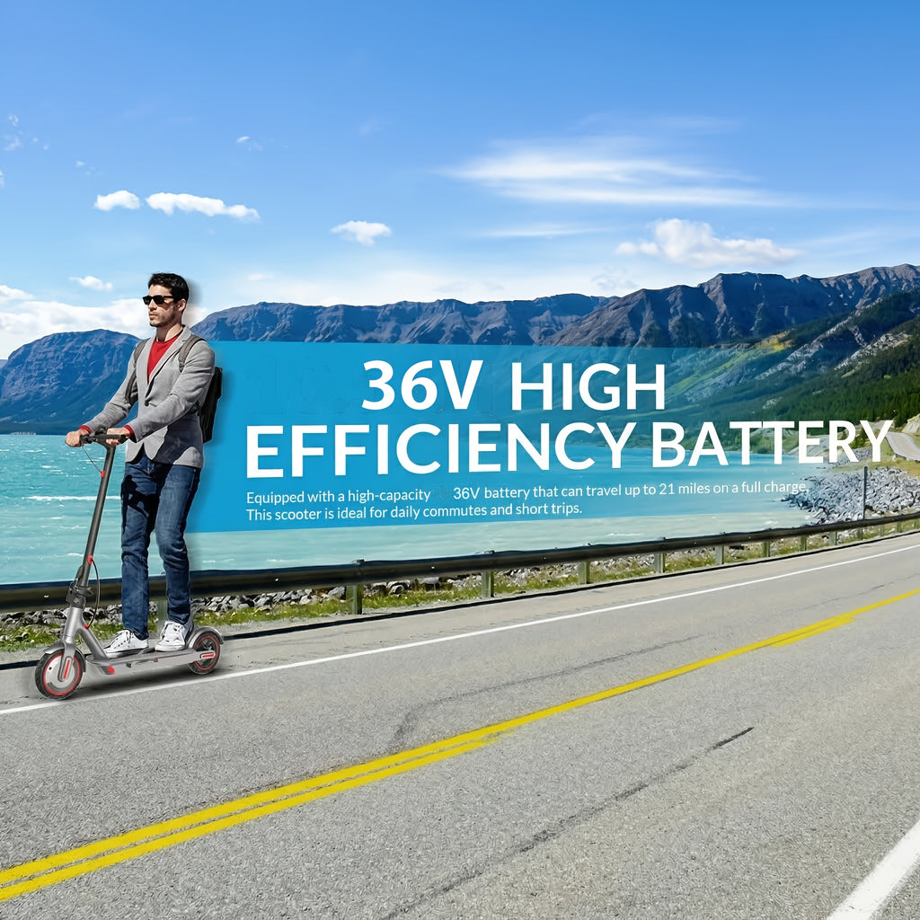 Long-Range Adult Electric Scooter with a Powerful 350W Motor, Top Speed of 19 Mph, Range of Up to 21 Miles, 8.5-Inch Solid Tires, Foldable Commuter Electric Scooter with APP Control, Dual-Brake System, LED Lights, And Portable Folding Design