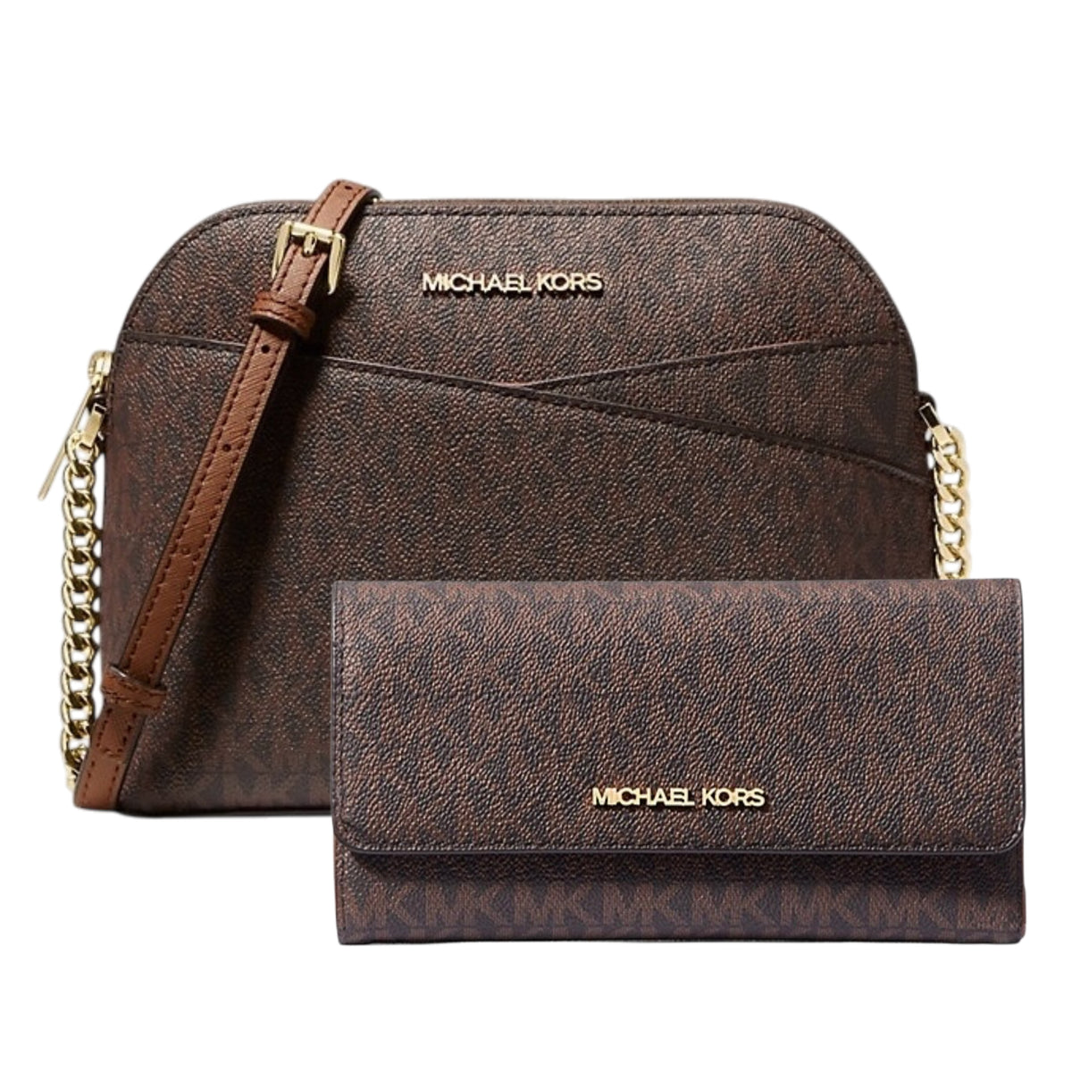 Michael Kors Jet Set Travel Medium Dome Crossbody & Trifold Wallet Set Brown Signature