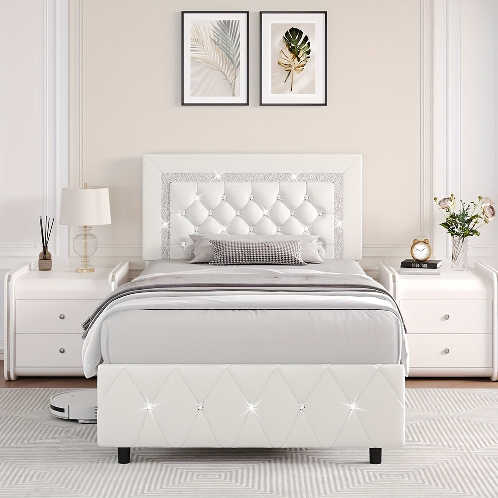 HOMBCK Twin Full Queen King Bed Frame, Padded Platform Bed with Button Tufting Headboard, Princess Platform Bed with Diamond Design, Halloween Decoration, Wooden Strip Support, No Spring Box Needed, Easy to Assemble, Pink/White/Black/Beige