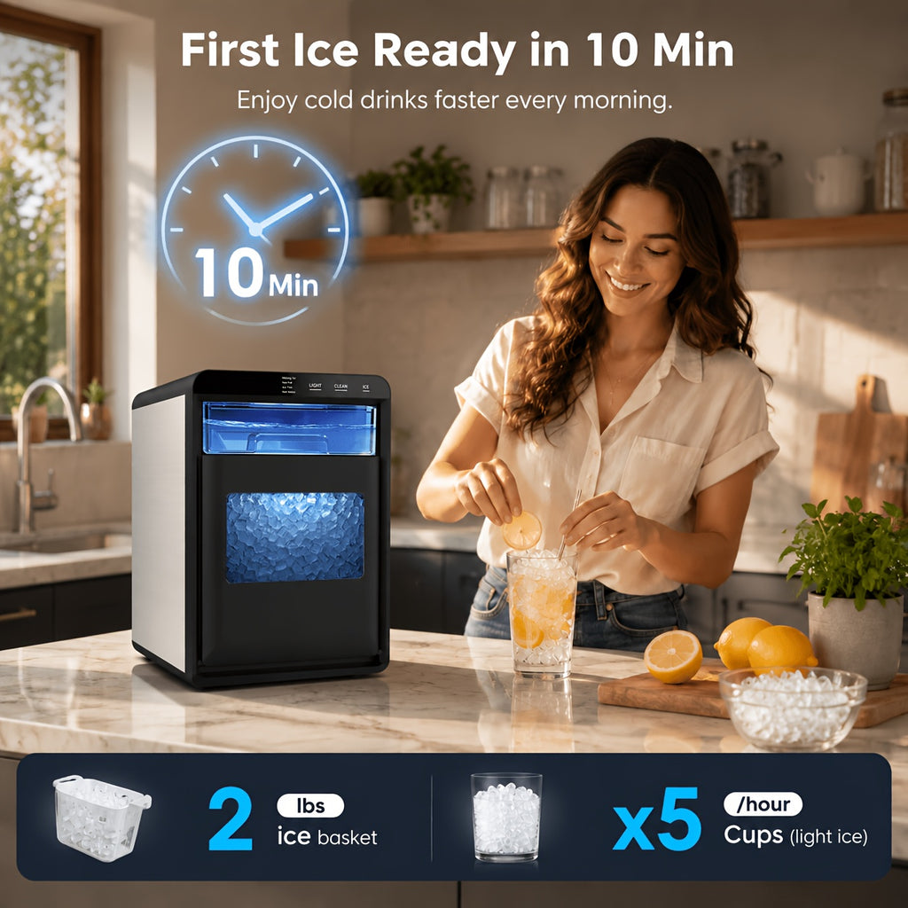 Nugget Ice Maker Countertop, 44 Lbs/Day, Soft Chewable Pebble Ice Machine with Stainless Steel Ice Scoop, for Home, Kitchen, Office, RV & Camping, Stainless Steel, Black