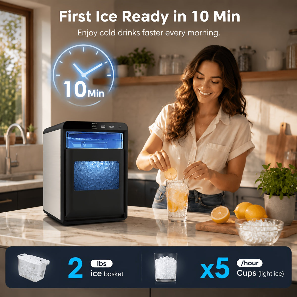Nugget Ice Maker Countertop, 44 Lbs/Day, Soft Chewable Pebble Ice Machine with Stainless Steel Ice Scoop, for Home, Kitchen, Office, RV & Camping, Stainless Steel, Black