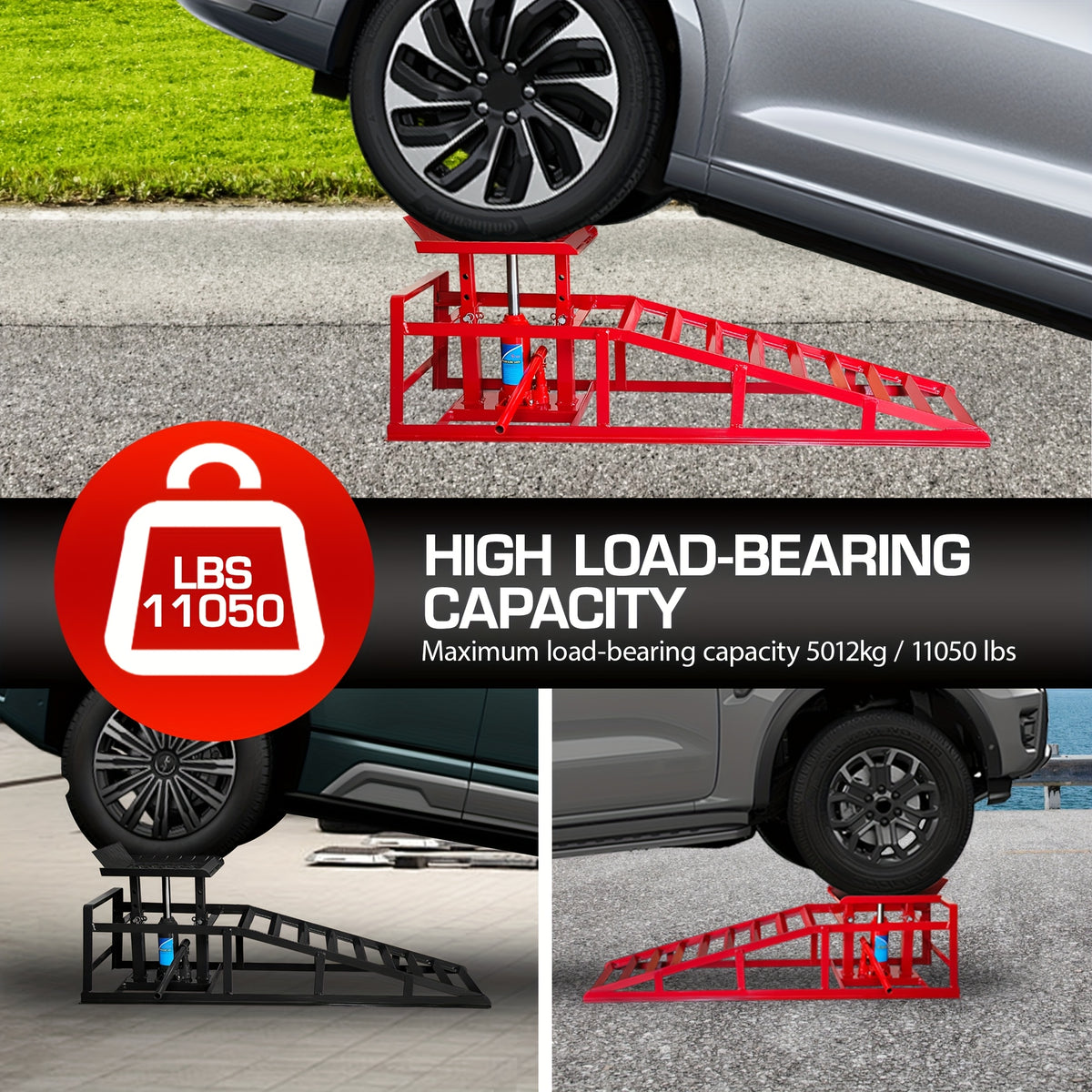 2 Pack Hydraulic Car Ramps, Car Ramp High Lift, 11050LBS Automotive Truck Cars Service Ramps, Low Profile Oil Change Ramps with Support Jack for Car Truck Trailer Garage Repair (Red)