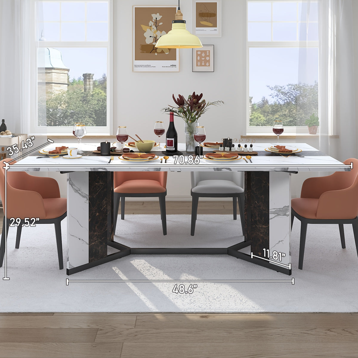 Luxurious 71-Inch Large Rectangular Dining Table with Marble-Color Wood Top, Adjustable V-Shaped Legs, Waterproof and Scratch-Proof for 4-7 People - Ideal for Family Dinners, Office, Kitchen, Living Room