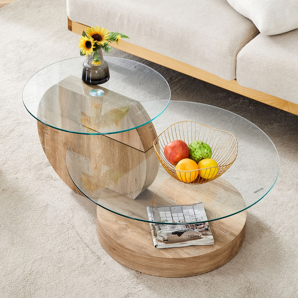 Glass Coffee Table for Small Spaces with Three-Tier Storage and a Clear Tempered Glass Top