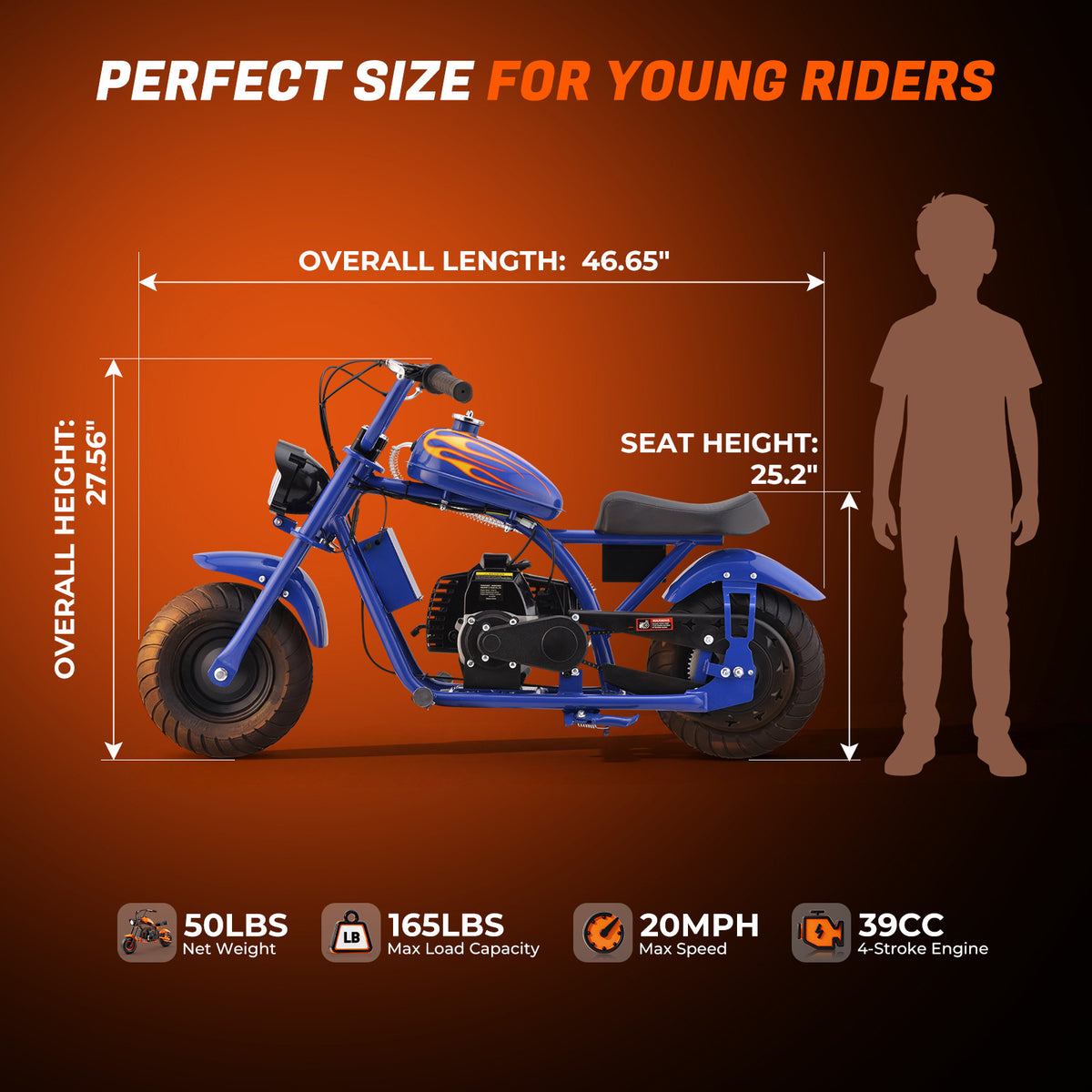 Mini Off-Road Dirt Bike, DB004 Model 45 CC 4-Stroke Gas Chopper Bike with Off-Road Tire, Disc Brakes, Max Load 160Lbs, Max Speed 18Mph