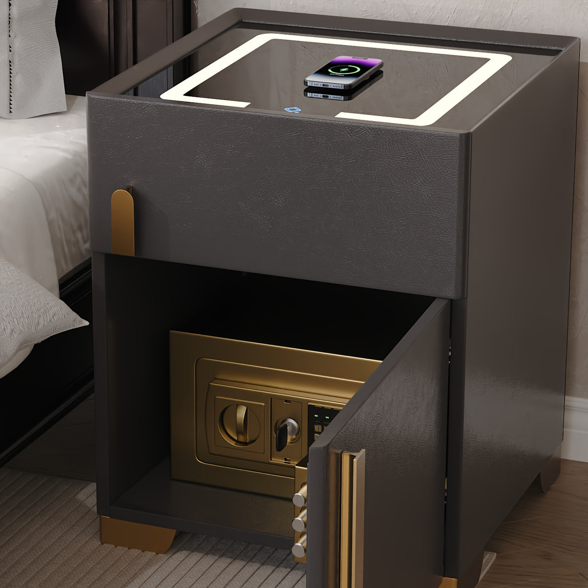 Wireless Charging Cabinet, Modern 4-in-1 Bedside Table with LED Three-Color Light and Drawers